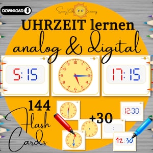 Uhr lernen Set nach Montessori, Lernuhr DIY digitaler Download Zeit lernen flashcards Uhrzeit digital analog, Kinder Lernspiel Uhr Vorschule