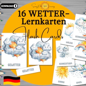 Wetterkarten Kinder deutsch, Lernkarten Wetter druckbar, Flash Cards Wetter, Aktivitätskarten für Kinder Kita Vorschule Kindergarten Schule