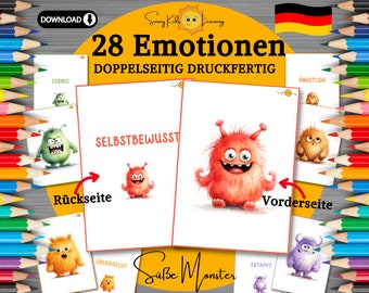 May include: A set of 28 printable cards featuring colorful monster illustrations with different emotions. The cards are labeled with the German words for each emotion, such as "Zornig" (angry) and "Ängstlich" (anxious). The text "28 Emotionen Doppelseitig Druckfertig" (28 Emotions Double-Sided Printable) is at the top of the image.