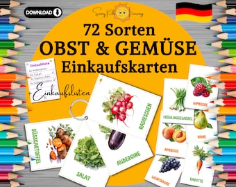 Einkaufskarten Obst & Gemüse, Flashcards Einkaufen lernen Kinder, Montessori Lernkarten deutsch, digitaler download, Karteikarten Vorschule