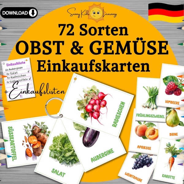 Einkaufskarten Obst & Gemüse, Flashcards Einkaufen lernen Kinder, Montessori Lernkarten deutsch, digitaler download, Karteikarten Vorschule