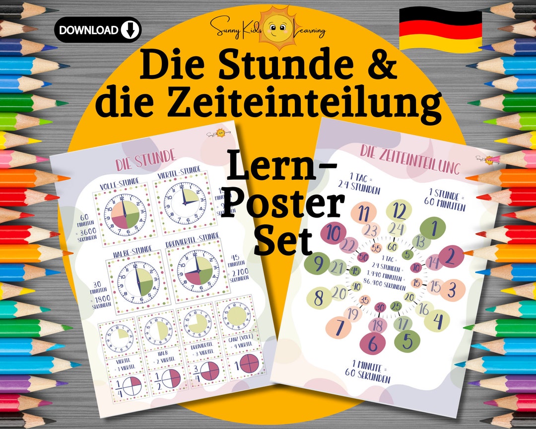 Lernposter Kinder, Lernposter Set Deutsch, Die Stunde Lernen
