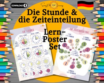 Lernposter Kinder, Lernposter Set deutsch, die Stunde lernen, Zeiteinteilung Montessori, Poster Kinderzimmer, druckbares Geschenk Vorschule