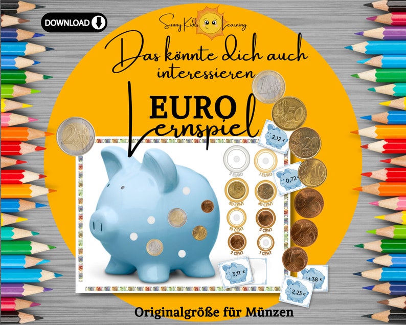 Geld zählen lernen, Spielgeld digital, Euro Lernspiel deutsch, Montessori Frühförderung Kinder Vorschule Kindergarten, Euro Busy book sparen zdjęcie 9