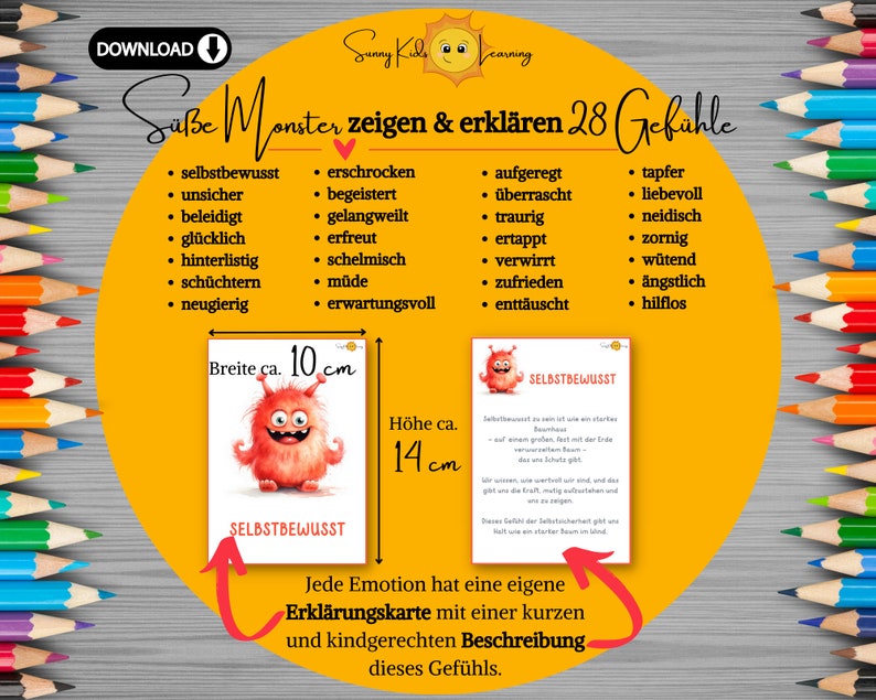 Gefühlskarten Kinder, Emotionen deutsch, Emotionskarten Kind druckbar, Gefühle erklären, Montessori Lernkarten, Vorschule digitaler Download zdjęcie 3