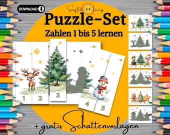 Zahlen lernen 1-5, Puzzle Winter Kind diy , Weihnacht busy book puzzle, Frühförderung Montessori download, Puzzle Zahlenlernen Vorschule pdf