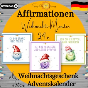 Affirmationskarten Kinder, Weihnachten Flashcards deutsch, Motivationskarten Kinder, druckbare Mutmach Monster Karten, Achtsamkeit Vorschule