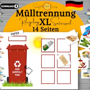 Mülltrennung lernen digitaler Download, Recycling für Kinder, Arbeitsblätter Vorschule Kindergarten, Umweltschutz Müll deutsch, pdf druckbar