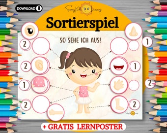 Körper lernen Sortierspiel Set digitaler Download, Körperteile Lernhilfe, Lernspiel Mädchen Vorschule, Kita Kindergarten Arbeitsblatt Körper
