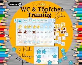 Töpfchentraining digitaler Download, WC + Töpfchenplan Lernhilfe sauber werden, Toilettentraining Belohnungsplan Buben Jungen Kindergarten