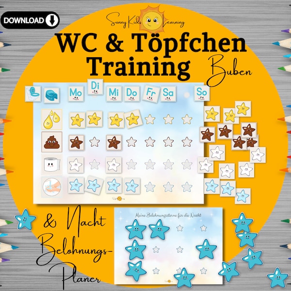 Töpfchentraining digitaler Download, WC + Töpfchenplan Lernhilfe sauber werden, Toilettentraining Belohnungsplan Buben Jungen Kindergarten