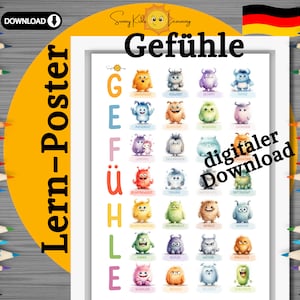 Gefühle Poster Kinder, 28 Emotionen deutsch, Emotionsposter druckbar, süße Monster Gefühlsposter, Montessori Lernposter, Vorschule Geschenk