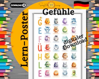 Gefühle Poster Kinder, 28 Emotionen deutsch, Emotionsposter druckbar, süße Monster Gefühlsposter, Montessori Lernposter, Vorschule Geschenk