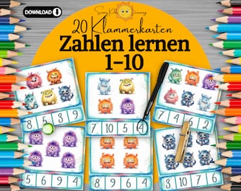 Zahlen lernen 1 bis 10, flash cards Zahlen digitaler download, Klammerkarten Zahlen, Arbeitsblätter Zahlen Schule Vorschule Kindergarten pdf