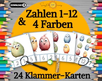 Zahlen lernen, Klammerkarten Zahlen 1 bis 12 lernen, Zahlen flashcards digitaler download, Lernkarten Zahlen Kita Vorschule Kindergarten pdf
