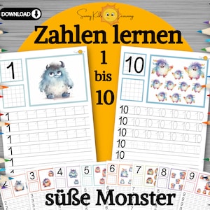 Zahlen lernen 1-10, süße Monster Übungsblätter Zahlen digitaler download, Schwungübungen Kita, Arbeitsblätter Schule Vorschule Kindergarten