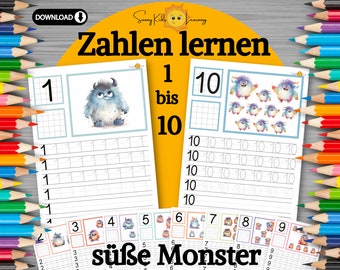 Zahlen lernen 1-10, süße Monster Übungsblätter Zahlen digitaler download, Schwungübungen Kita, Arbeitsblätter Schule Vorschule Kindergarten