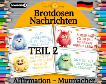 Brotdosen Nachrichten, Affirmation Kinder, Motivation lunchbox, druckbare Mutmach Karten deutsch, Achtsamkeit Jausenbox Vorschule Schule pdf