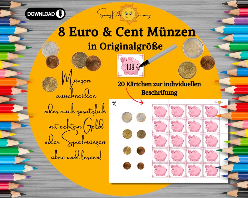 Geld zählen lernen, Spielgeld digital, Euro Lernspiel deutsch, Montessori Frühförderung Kinder Vorschule Kindergarten, Euro Busy book sparen zdjęcie 4