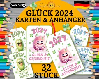 Silvester 2024 druckbar, Glückskarten Kinder DIY, Glück Monster digitaler Download, viel Glück zum Ausdrucken, Glückwunschkarten Kinder pdf