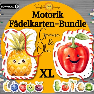 Pode incluir: Um conjunto de cartões de laço de frutas e vegetais grandes, coloridos e imprimíveis para crianças. Os cartões apresentam um abacaxi, um pimentão vermelho, uma banana, um mirtilo, um morango, uma maçã, uma pêra, um pepino, um tomate, uma cenoura, uma batata e um brócolis. Os cartões são etiquetados como "Gemüse & Obst" e "XL".