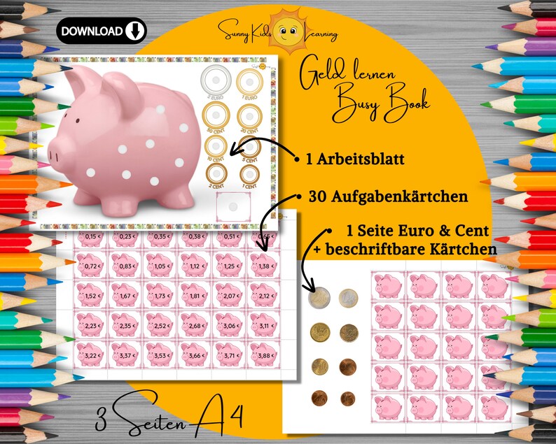 Geld zählen lernen, Spielgeld digital, Euro Lernspiel deutsch, Montessori Frühförderung Kinder Vorschule Kindergarten, Euro Busy book sparen zdjęcie 2