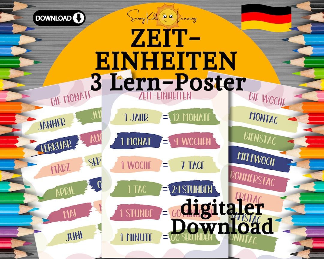 Lernposter Für Kinder, Lernposter Set Deutsch, Zeiteinheiten Lernen