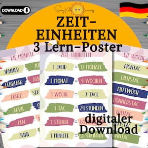 Lernposter für Kinder, Lernposter Set deutsch, Zeiteinheiten lernen, Montessori Poster, Kinderzimmer Poster, druckbares Geschenk Vorschule