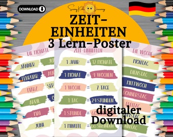Lernposter für Kinder, Lernposter Set deutsch, Zeiteinheiten lernen, Montessori Poster, Kinderzimmer Poster, druckbares Geschenk Vorschule