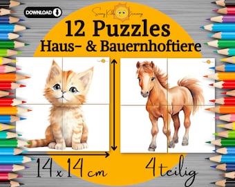 Haustiere Puzzle 12er Set, Tiere lernen Motorikkarten, Kleinkind Puzzle, Frühförderung Montessori download, Hund Katze Kita Kindergarten pdf