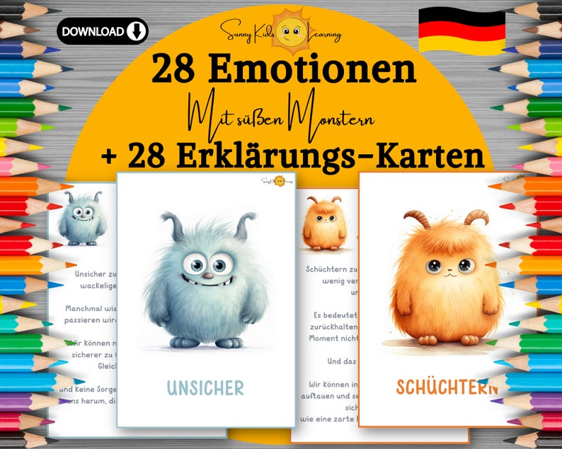 Gefühlskarten Kinder, Emotionen deutsch, Emotionskarten Kind druckbar, Gefühle erklären, Montessori Lernkarten, Vorschule digitaler Download zdjęcie 1