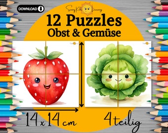 Obst Gemüse Puzzle 12er Set, Obst lernen Motorikkarten, Kleinkind Puzzle, Frühförderung Montessori download, Ernährung Kita Kindergarten pdf