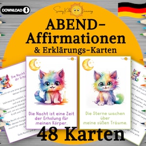 Affirmationskarten Kinder, Abend Affirmationen Kinder, Motivationskarten schlafen, druckbare Mutmach Katzen Karten, Achtsamkeit Kind deutsch