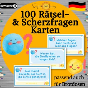 100 Rätsel u. Scherzfragen Karten, Brotdosen Nachrichten, Motivation lunchbox, Brotbox lustige Sprüche, druckbare Rätsel deutsch, Schule pdf