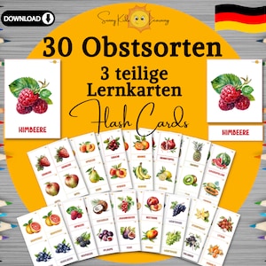 Obst lernen Flashcards, 3teilige Obst-Lernkarten Übungskarten Früchte deutsch digitaler download, Karteikarten Schule Vorschule Kindergarten