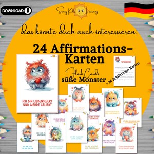May include: 24 colorful flash cards featuring cute monster illustrations with positive affirmations in German. The cards are titled "24 Affirmations-Karten Flash Cards s&uuml;&szlig;e Monster".