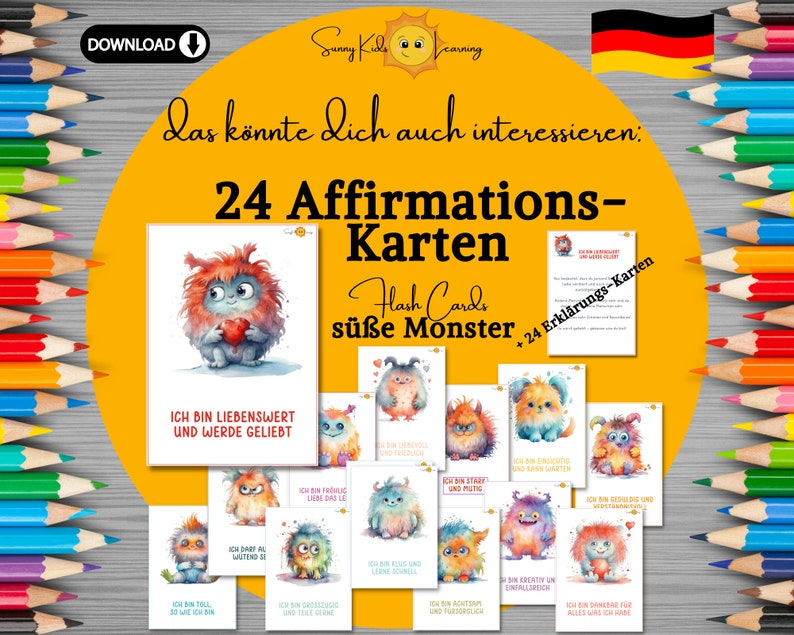 May include: 24 colorful flash cards featuring cute monster illustrations with positive affirmations in German. The cards are titled "24 Affirmations-Karten Flash Cards s&uuml;&szlig;e Monster".