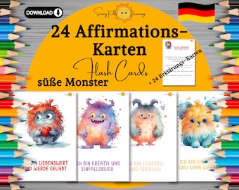 Affirmationskarten Kinder, deutsch, Motivationskarten Kinder, druckbare Mutmach Monster Karten, Achtsamkeit Kindergarten Vorschule Schule