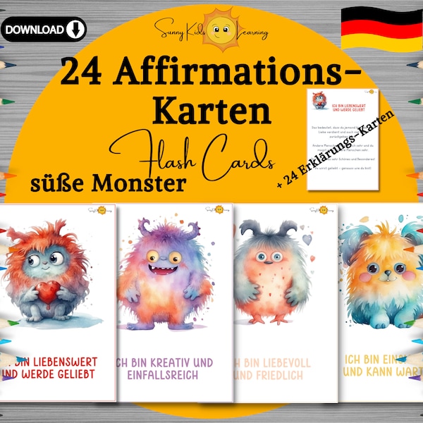 Affirmationskarten Kinder, deutsch, Motivationskarten Kinder, druckbare Mutmach Monster Karten, Achtsamkeit Kindergarten Vorschule Schule