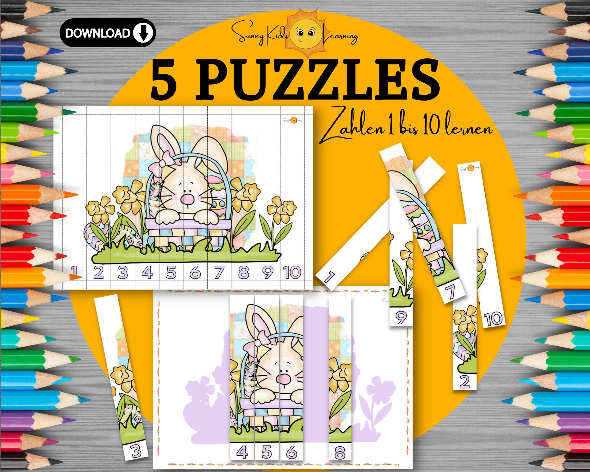 Oster Puzzle Zahlen 1-10 lernen, busy book puzzles Frühförderung digitaler download,  5 Stk Puzzle Set Kita Schule Vorschule Kindergarten,