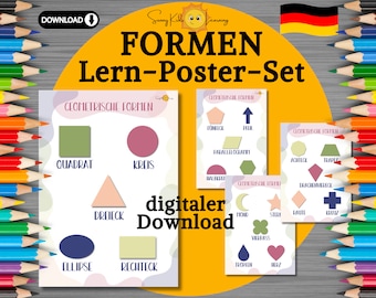Lernposter für Kinder, Lernposter deutsch, Geometrische Formen lernen, Montessori Poster, Kinderzimmer Poster, druckbares Geschenk Vorschule