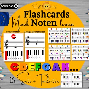 Könnte beinhalten: Ein Satz von 16 Lernkarten zum Erlernen von Musiknoten. Die Lernkarten zeigen eine farbenfrohe Klaviertastatur mit den Noten C, D, E, F, G, A und H. Der Text "Flashcards Musik Noten lernen" steht in Deutsch oben auf dem Bild. Der Text "16 Sets + Tonleiter" steht in Deutsch unten auf dem Bild.