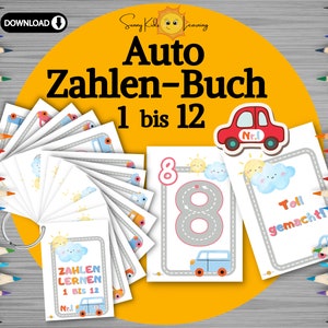 Auto Zahlen-Buch lernen 1-12, Legespiel Übungen Zahl Frühförderung digitaler download, Zahlen tracing Kita Schule Vorschule Kindergarten