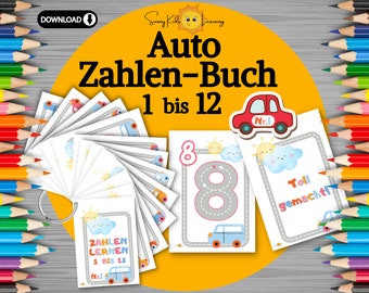 Auto Zahlen-Buch lernen 1-12, Legespiel Übungen Zahl Frühförderung digitaler download, Zahlen tracing Kita Schule Vorschule Kindergarten