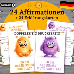 Affirmationskarten Kinder, deutsch, Motivationskarten Kinder, druckbare Mutmach Monster Karten, Achtsamkeit Kindergarten Vorschule Schule
