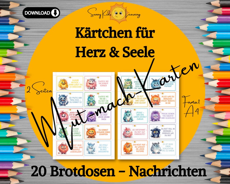 May include: A set of 20 colorful monster-themed cards with encouraging messages for kids. The cards are printed on A4 paper and are perfect for adding a little cheer to lunchboxes or backpacks.