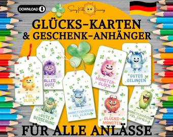 Glücks-Karten druckbar, Sylvester Kinder DIY, Glück Monster digitaler Download, viel Glück zum Ausdrucken, Glückwunschkarten Kinder diy pdf