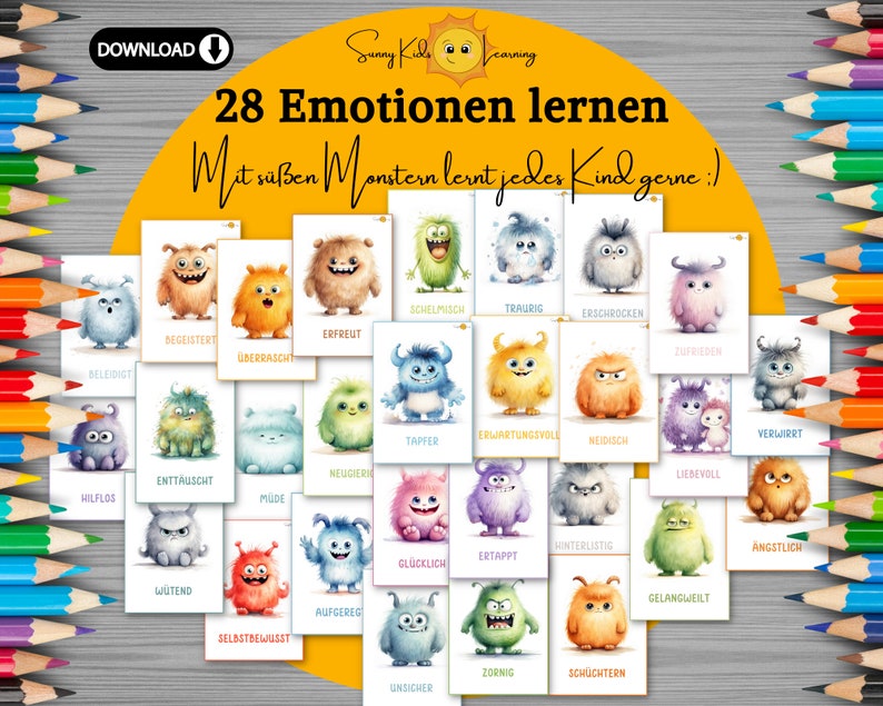 Gefühlskarten Kinder, Emotionen deutsch, Emotionskarten Kind druckbar, Gefühle erklären, Montessori Lernkarten, Vorschule digitaler Download zdjęcie 2