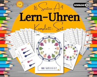 May include: A set of educational clock learning materials. The image features multiple printed sheets with clock faces, hands, and the text "16 Seiten A4 Lern-Uhren Komplett-Set". The color scheme includes blue, green, pink, and yellow.
