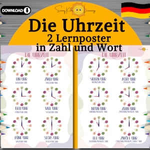Lernposter Kinder, Lernposter Set deutsch, die Uhrzeit lernen, Zeiteinteilung Montessori, Poster Kinderzimmer, druckbares Geschenk Vorschule